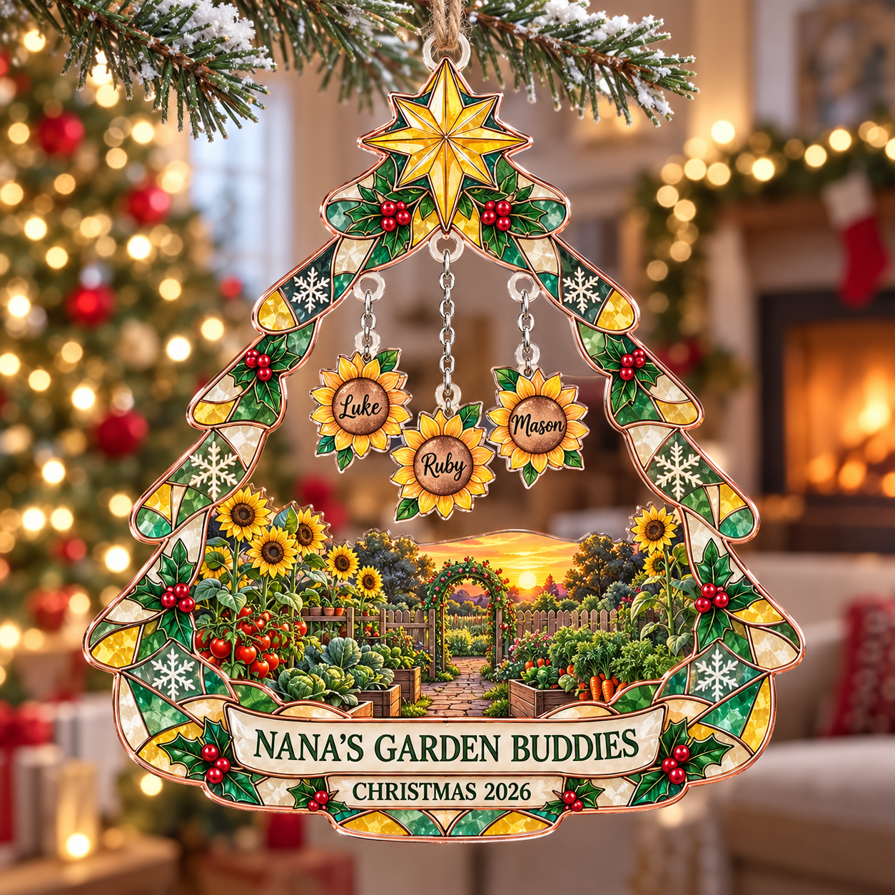 Stained-glass acrylic Christmas ornament with "NANA'S GARDEN BUDDIES" and personalised name charms
