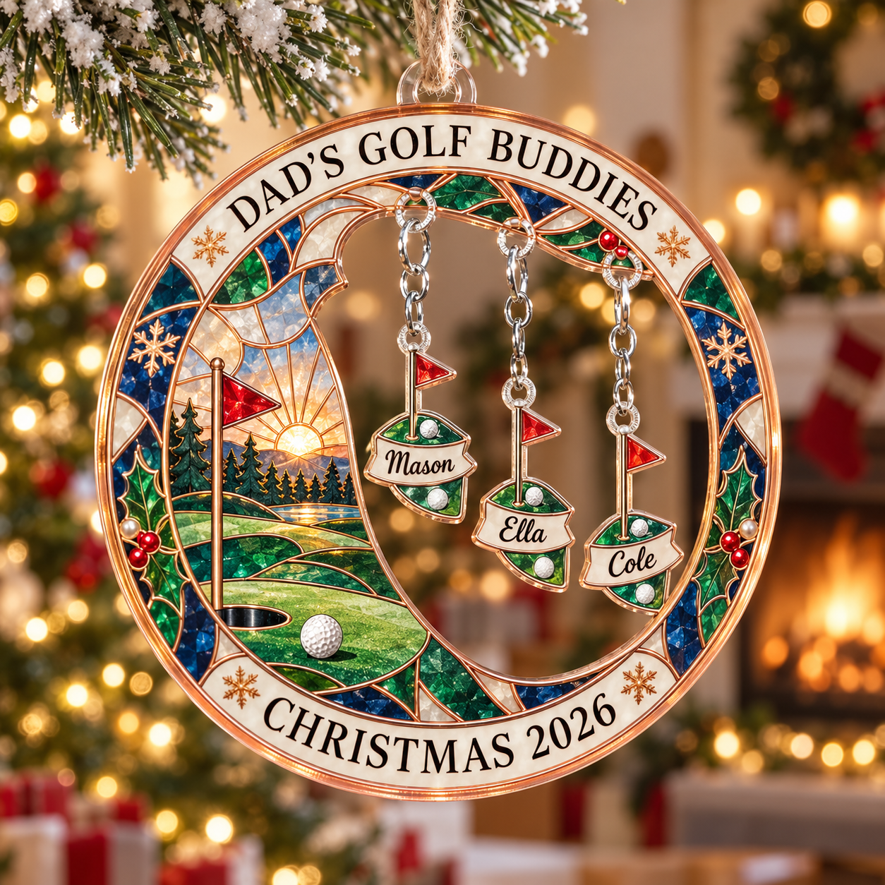 Stained-glass acrylic Christmas ornament with "DAD'S GOLF BUDDIES" and personalised name charms
