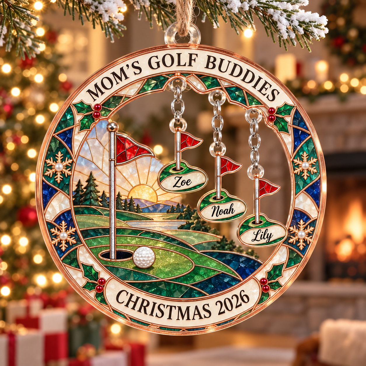 Stained-glass acrylic Christmas ornament with "MOM'S GOLF BUDDIES" and personalised name charms