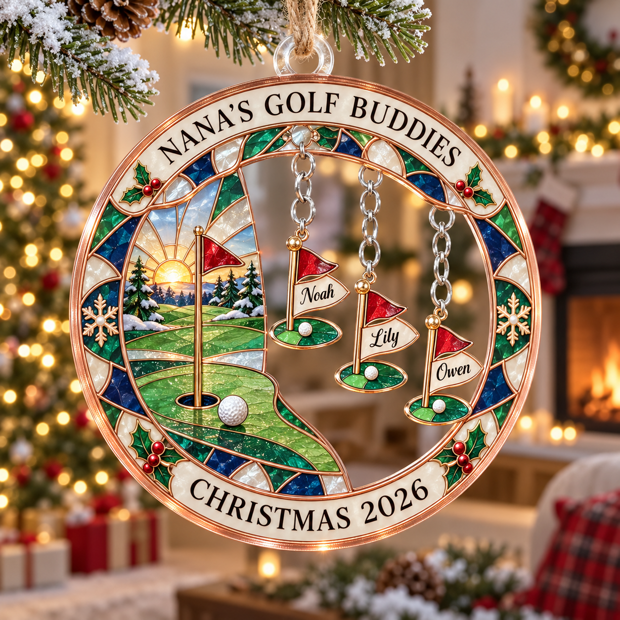 Stained-glass acrylic Christmas ornament with "NANA'S GOLF BUDDIES" and personalised name charms