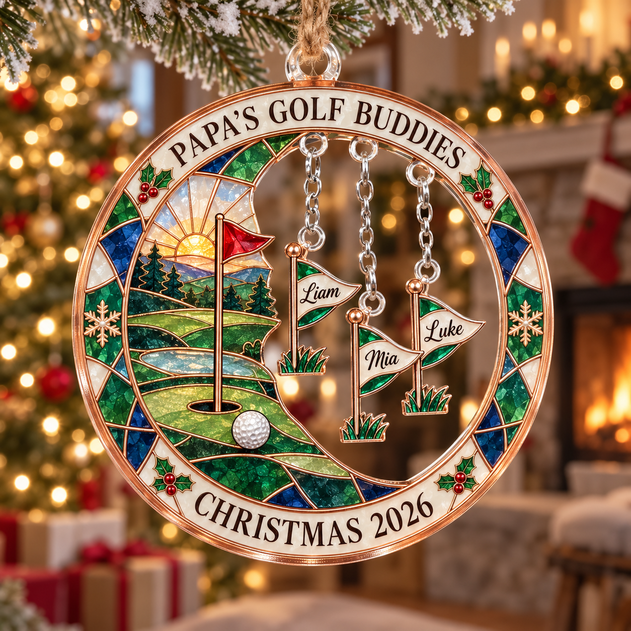 Stained-glass acrylic Christmas ornament with "PAPA'S GOLF BUDDIES" and personalised name charms