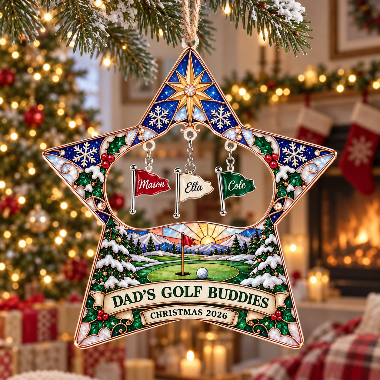 Stained-glass acrylic Christmas ornament with "DAD'S GOLF BUDDIES" and personalised name charms