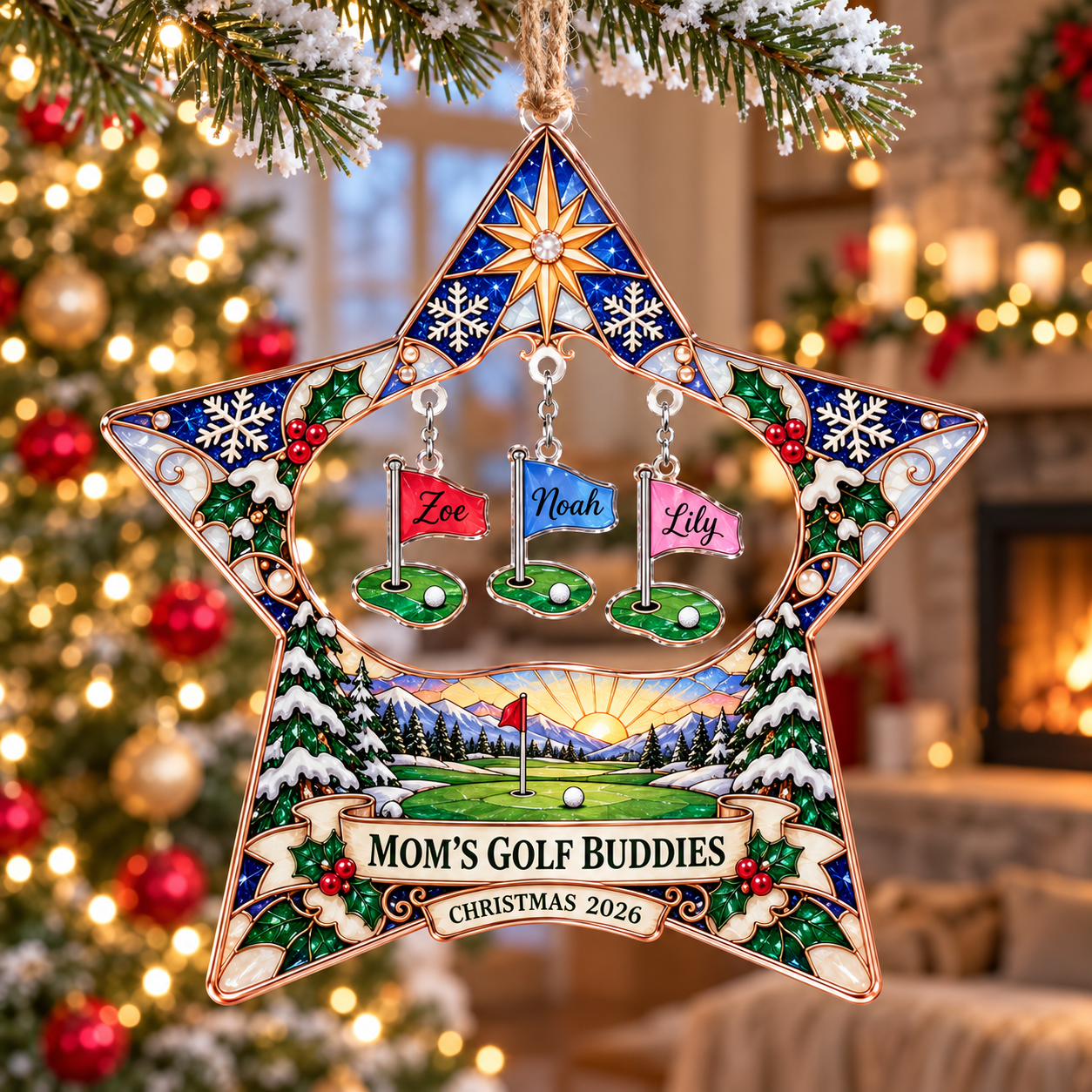 Stained-glass acrylic Christmas ornament with "MOM'S GOLF BUDDIES" and personalised name charms