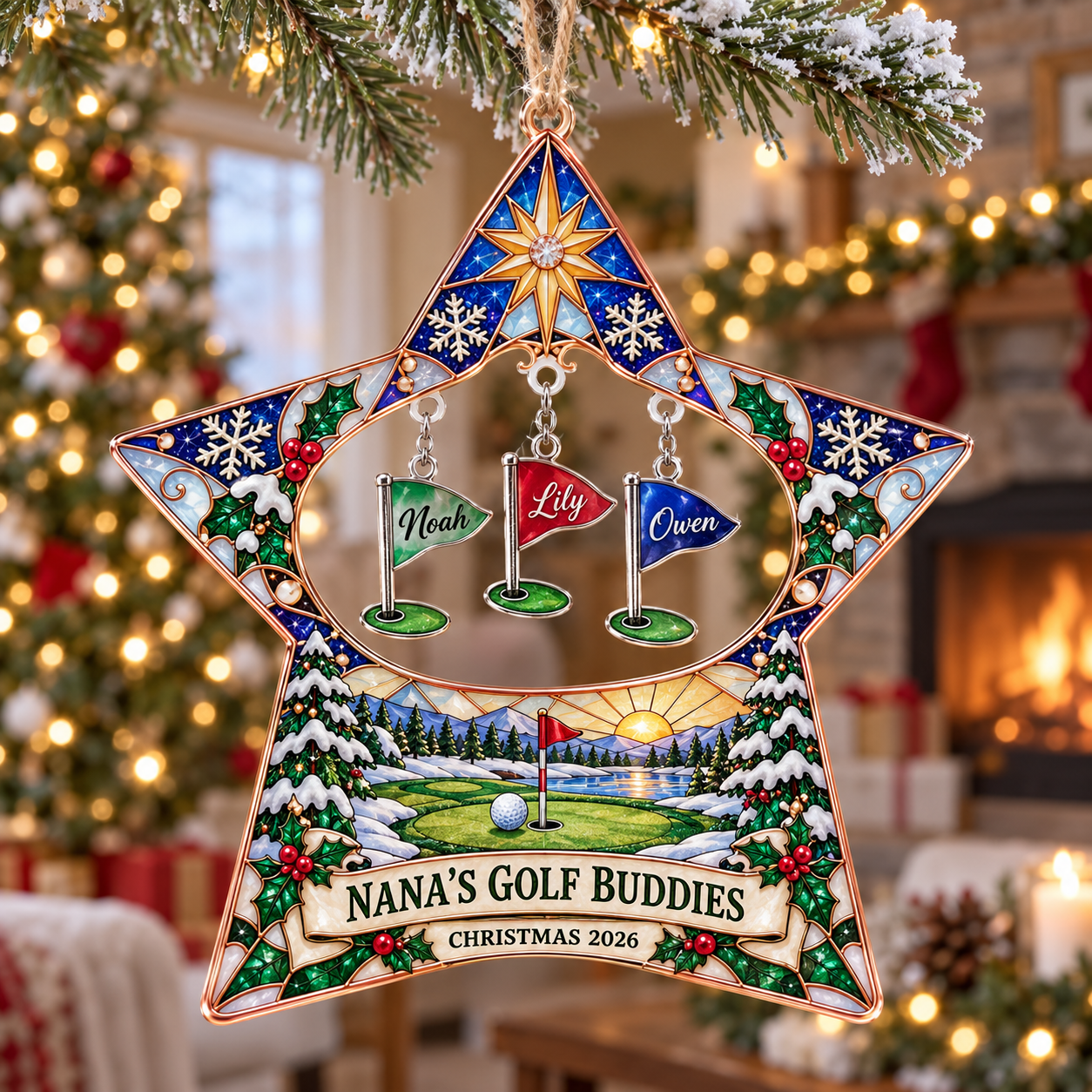 Stained-glass acrylic Christmas ornament with "NANA'S GOLF BUDDIES" and personalised name charms