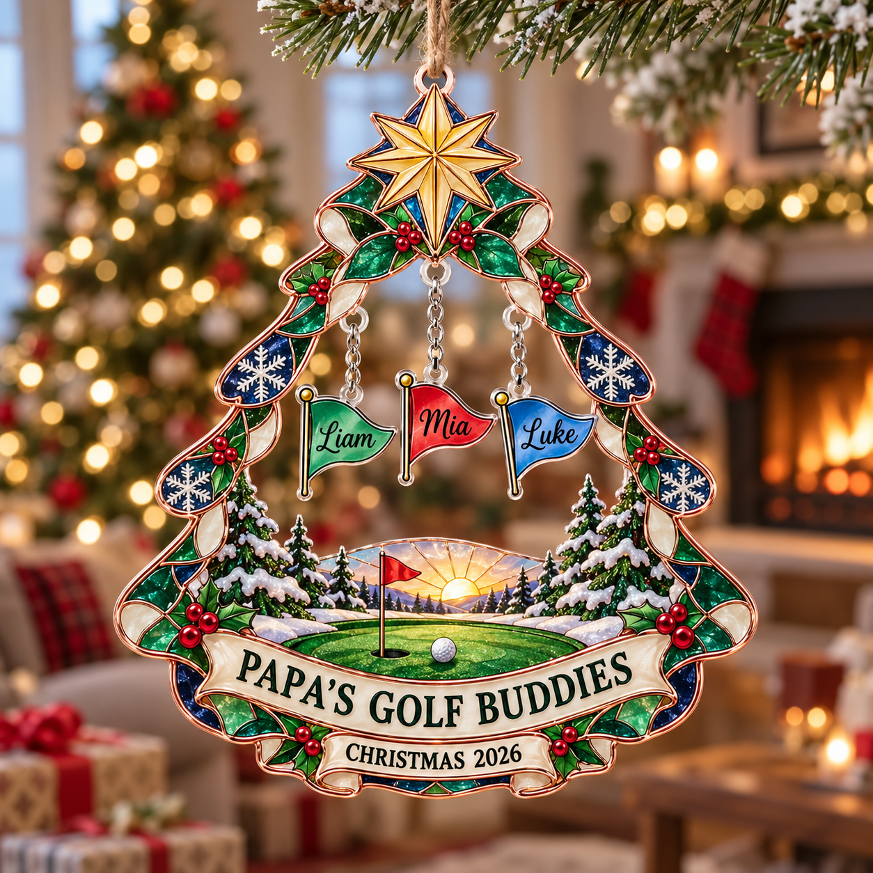 Stained-glass acrylic Christmas ornament with "PAPA'S GOLF BUDDIES" and personalised name charms