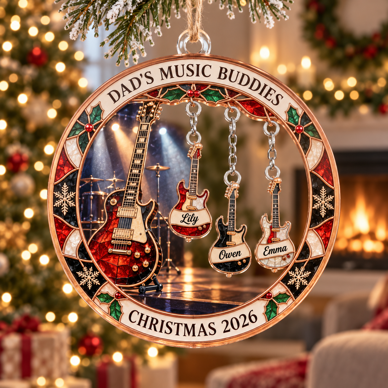 Stained-glass acrylic Christmas ornament with "DAD'S MUSIC BUDDIES" and personalised name charms