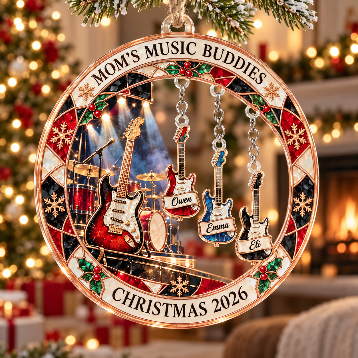Stained-glass acrylic Christmas ornament with "MOM'S MUSIC BUDDIES" and personalised name charms