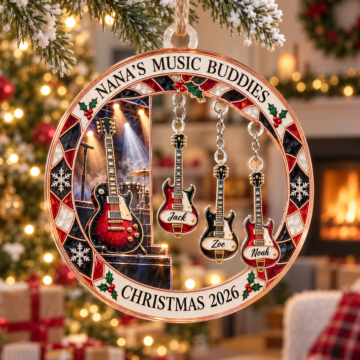Stained-glass acrylic Christmas ornament with "NANA'S MUSIC BUDDIES" and personalised name charms
