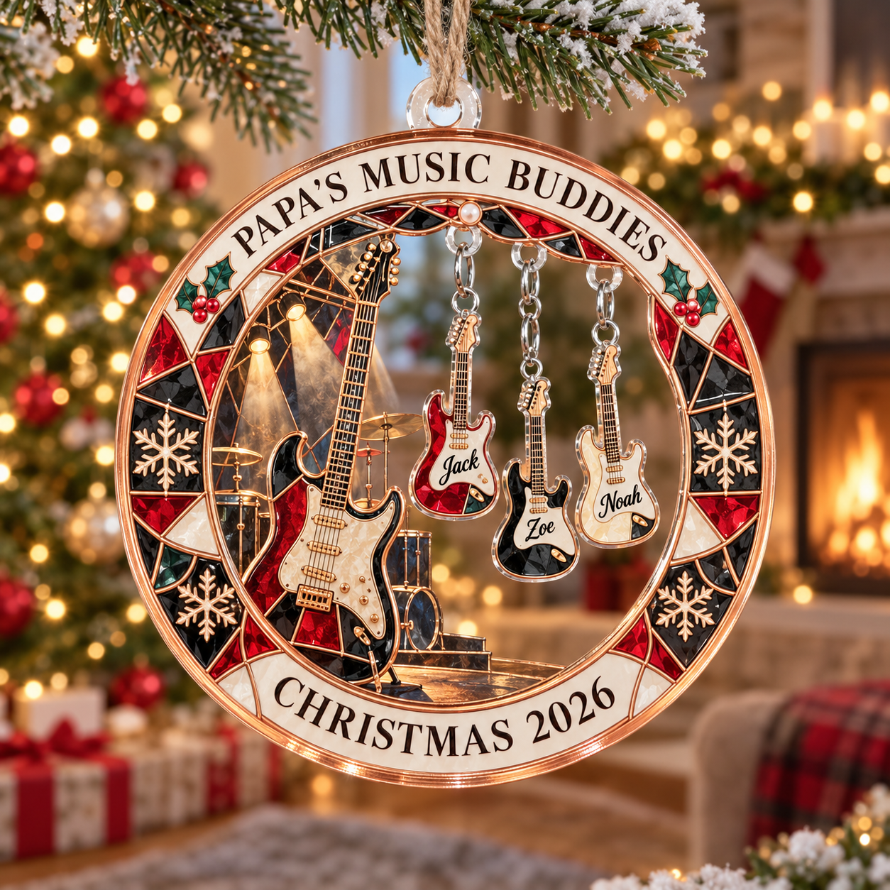Stained-glass acrylic Christmas ornament with "PAPA'S MUSIC BUDDIES" and personalised name charms