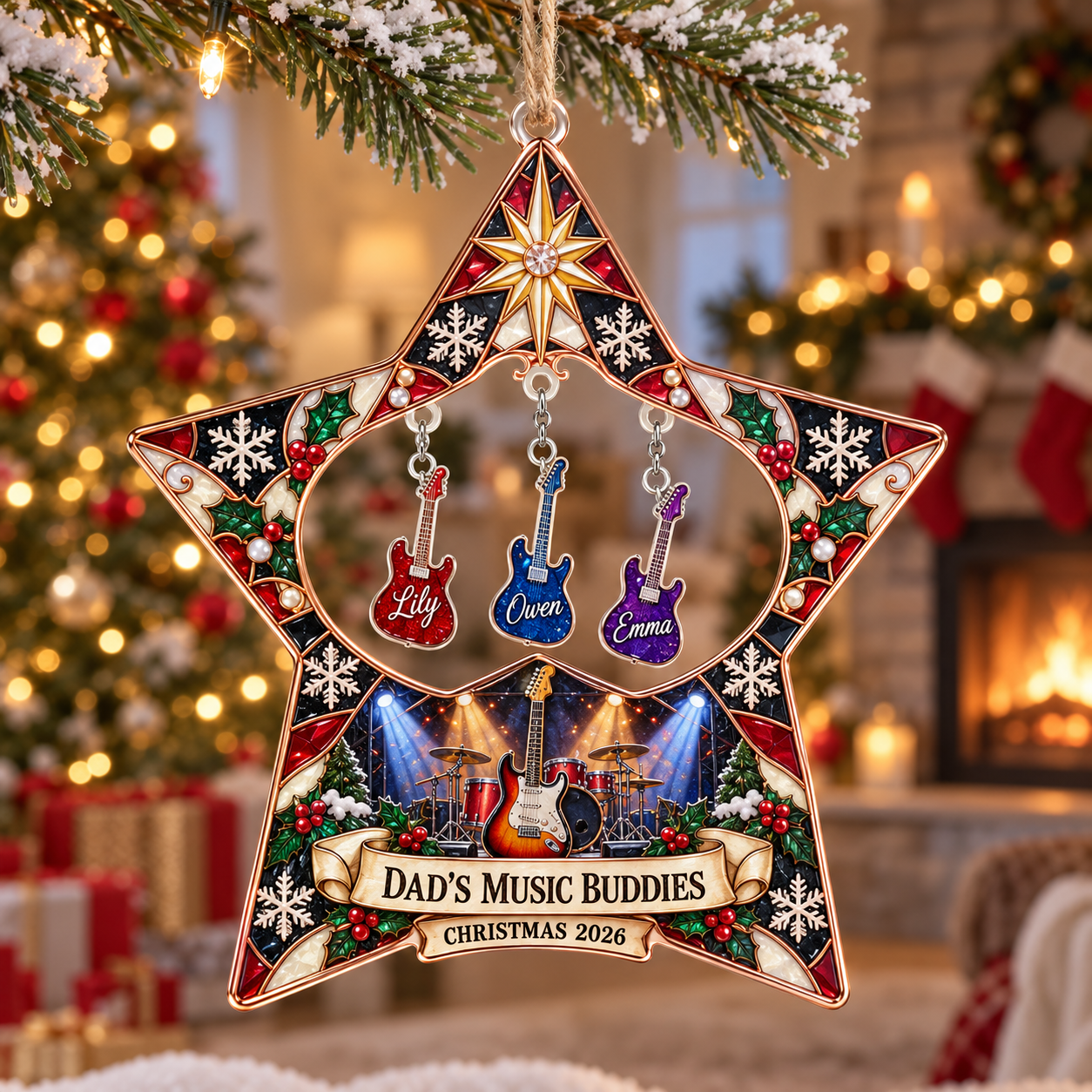Stained-glass acrylic Christmas ornament with "DAD'S MUSIC BUDDIES" and personalised name charms