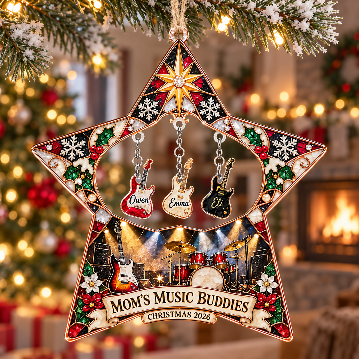 Stained-glass acrylic Christmas ornament with "MOM'S MUSIC BUDDIES" and personalised name charms