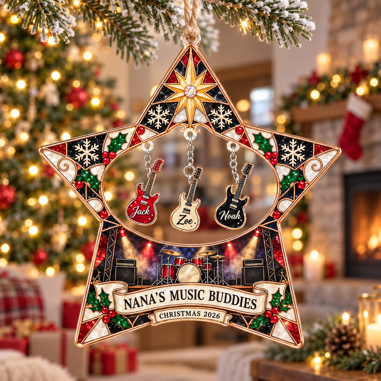 Stained-glass acrylic Christmas ornament with "NANA'S MUSIC BUDDIES" and personalised name charms