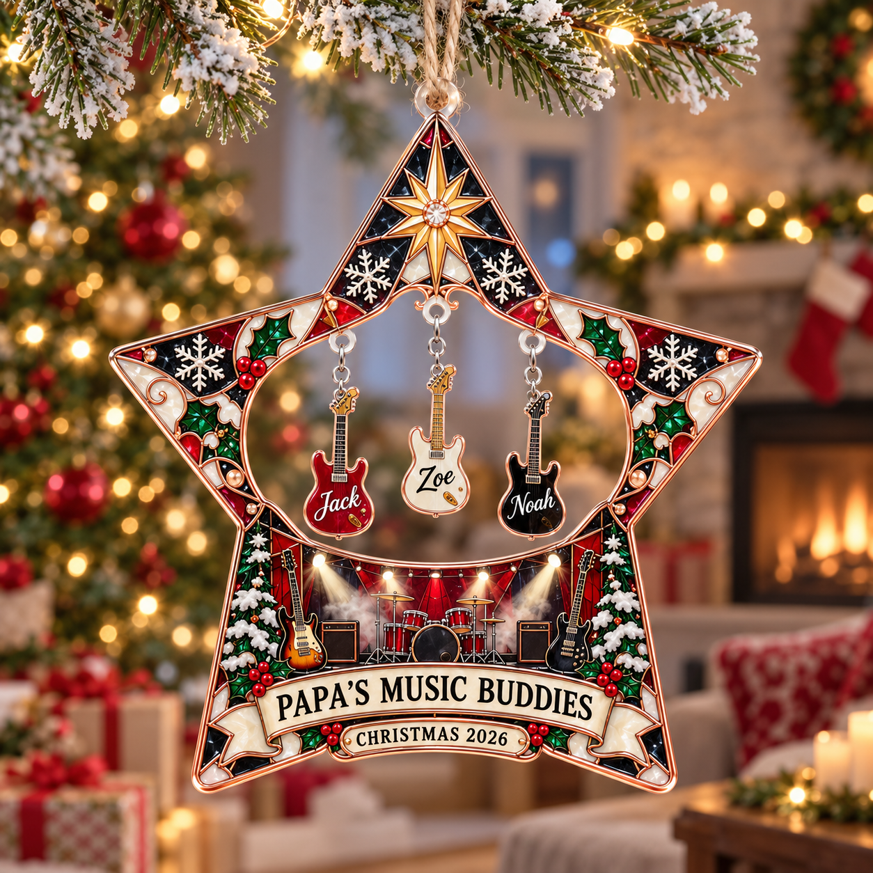 Stained-glass acrylic Christmas ornament with "PAPA'S MUSIC BUDDIES" and personalised name charms