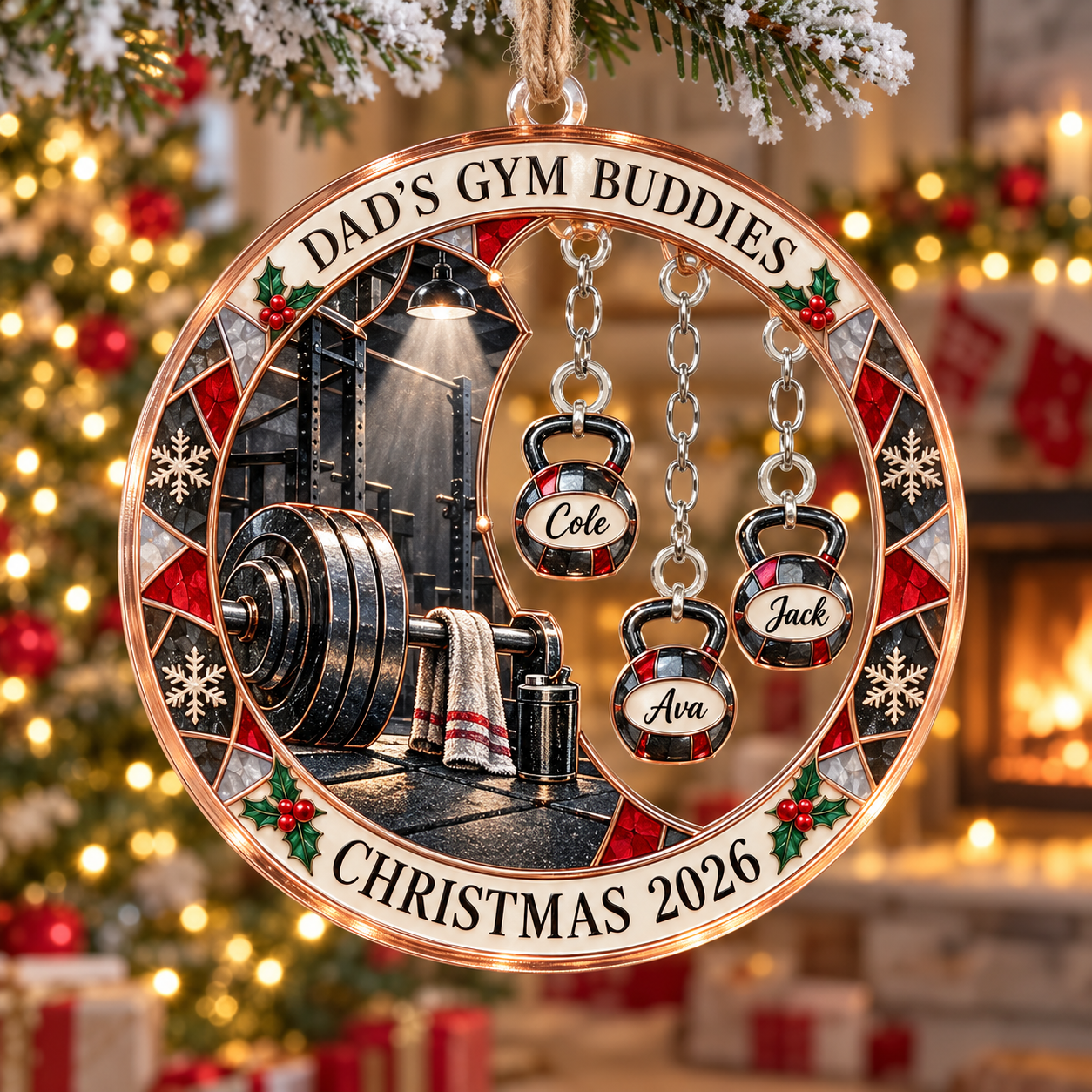 Stained-glass acrylic Christmas ornament with "DAD'S GYM BUDDIES" and personalised name charms