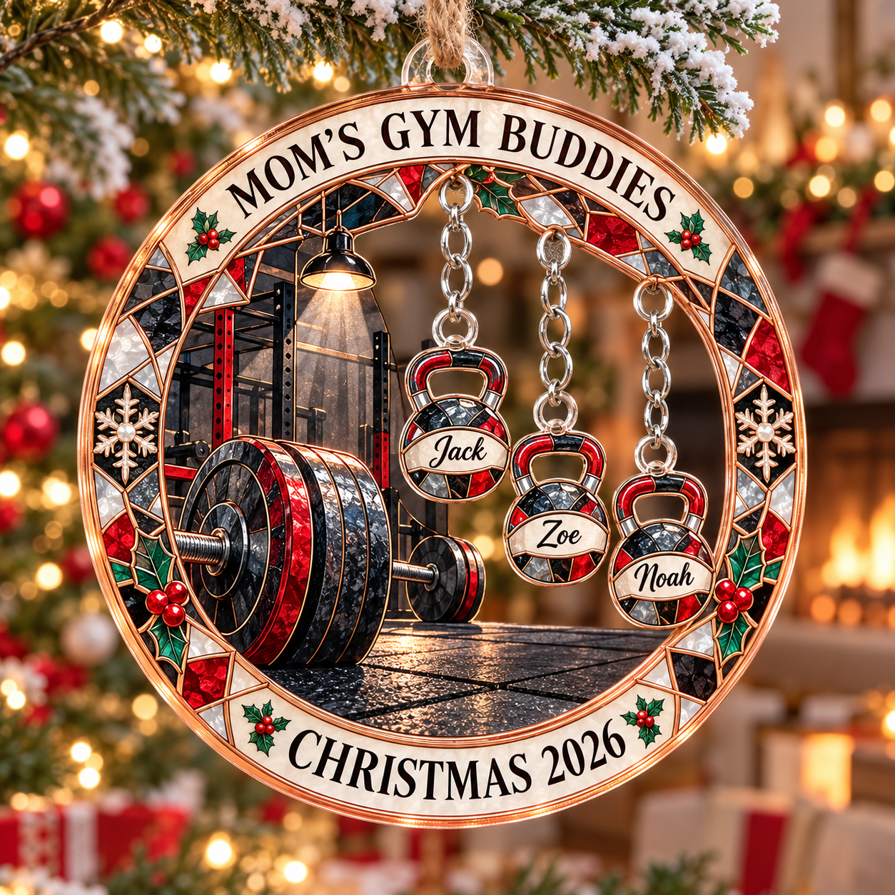 Stained-glass acrylic Christmas ornament with "MOM'S GYM BUDDIES" and personalised name charms