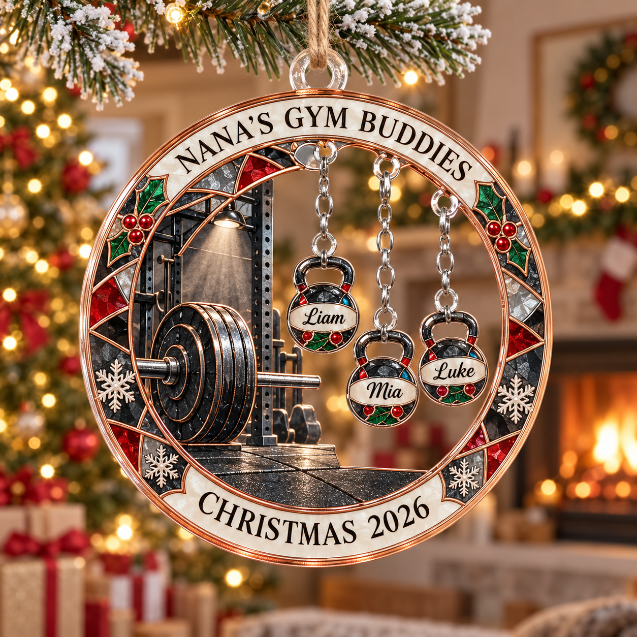 Stained-glass acrylic Christmas ornament with "NANA'S GYM BUDDIES" and personalised name charms