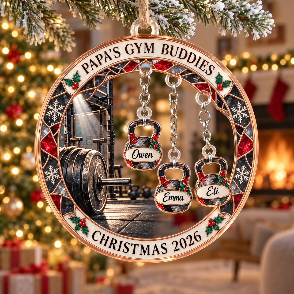 Stained-glass acrylic Christmas ornament with "PAPA'S GYM BUDDIES" and personalised name charms