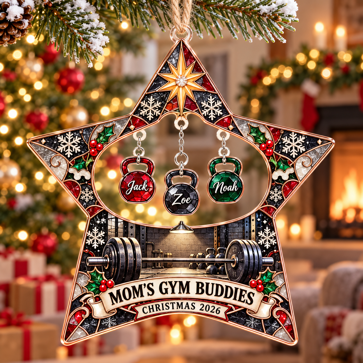 Stained-glass acrylic Christmas ornament with "MOM'S GYM BUDDIES" and personalised name charms