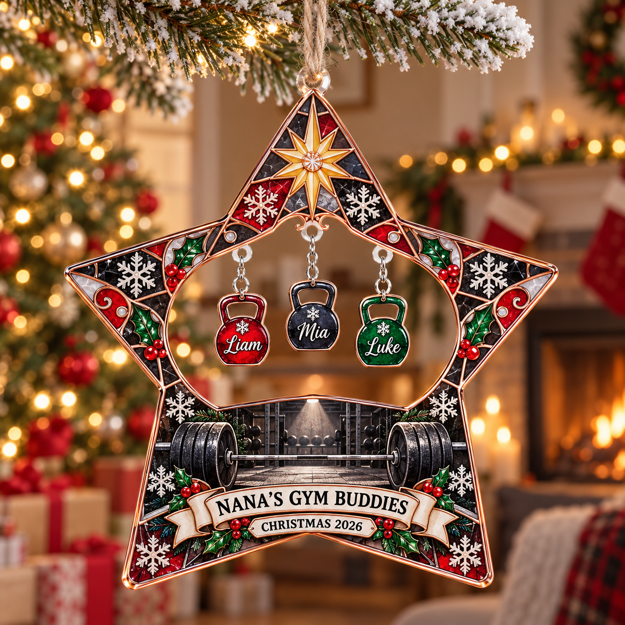 Stained-glass acrylic Christmas ornament with "NANA'S GYM BUDDIES" and personalised name charms