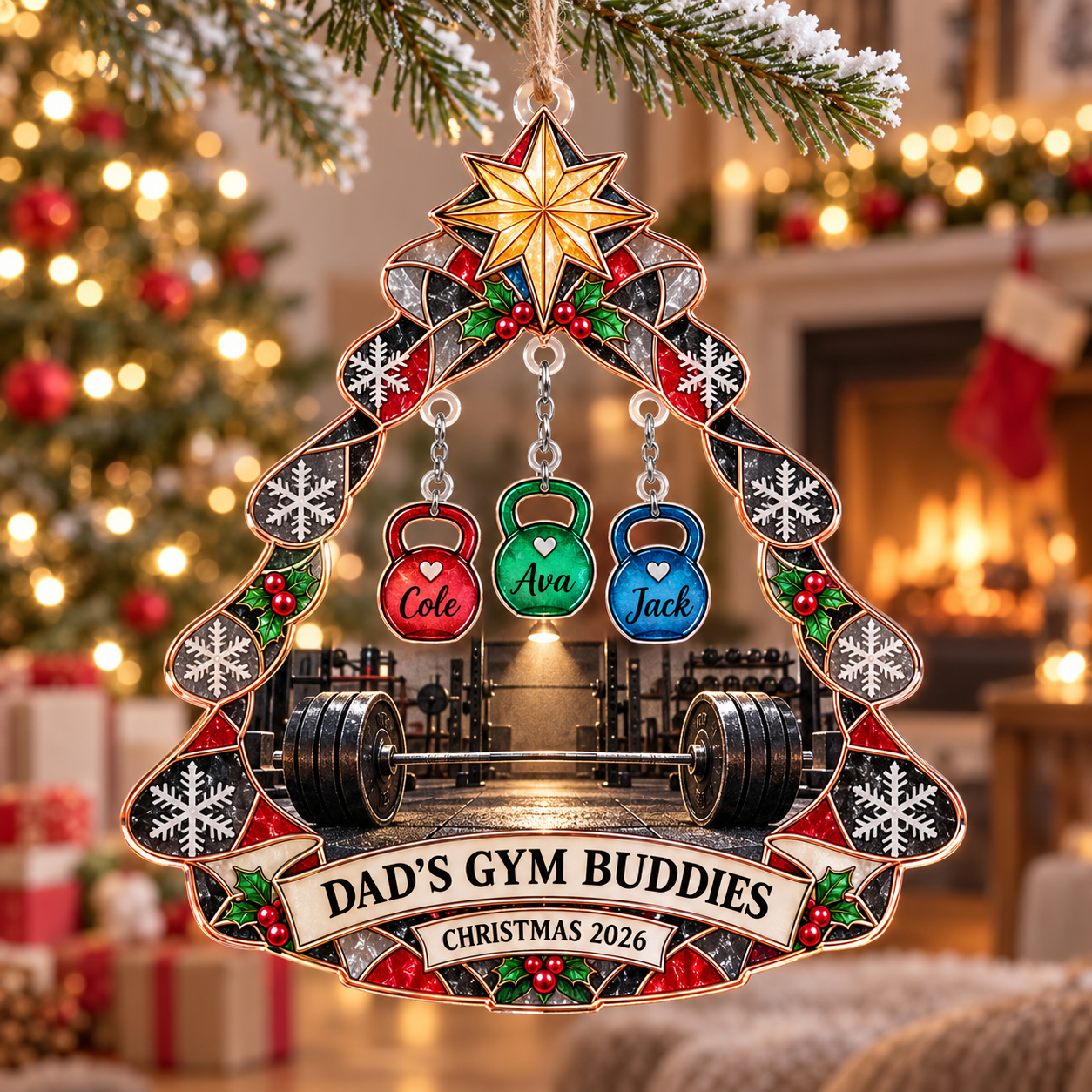 Stained-glass acrylic Christmas ornament with "DAD'S GYM BUDDIES" and personalised name charms