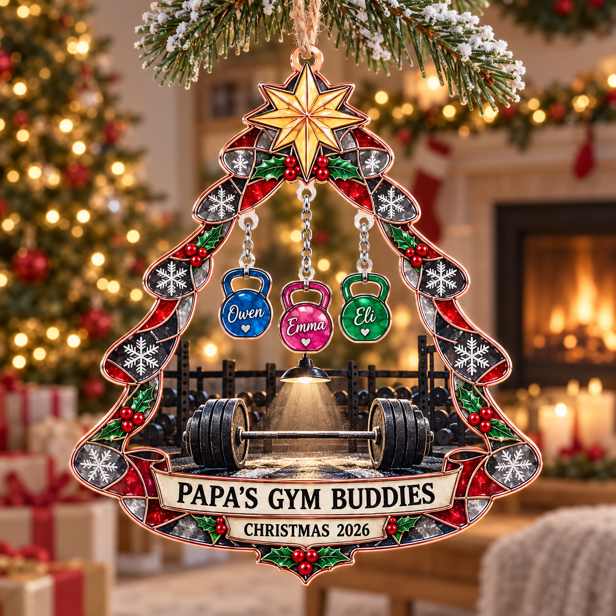Stained-glass acrylic Christmas ornament with "PAPA'S GYM BUDDIES" and personalised name charms
