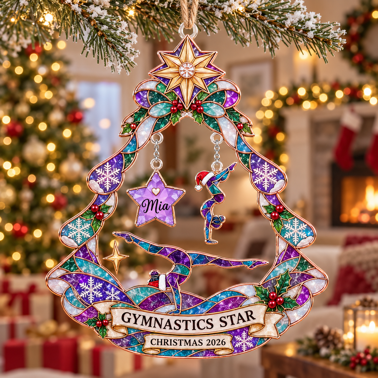 Stained-glass acrylic Christmas ornament with "GYMNASTICS STAR" and personalised name charms