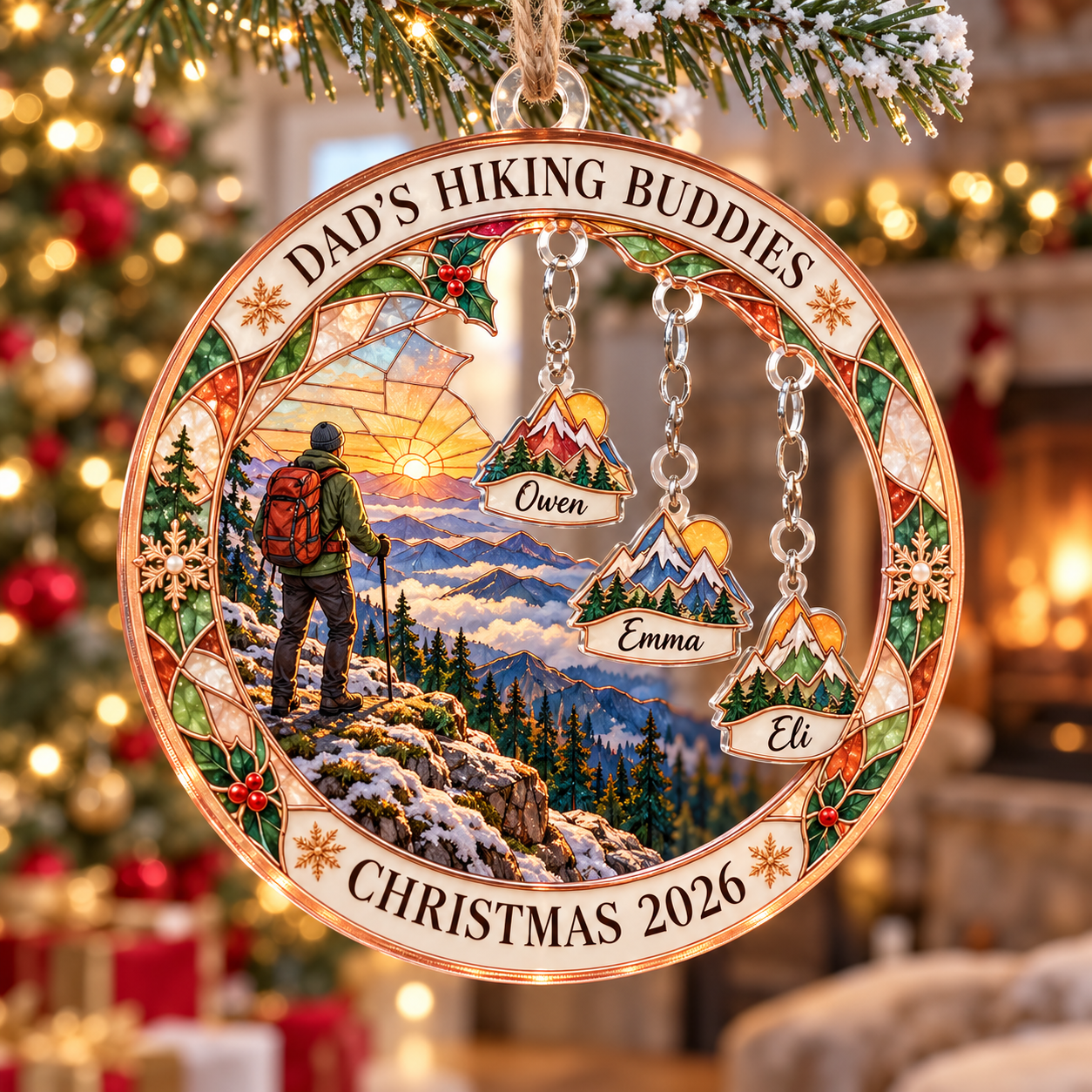 Stained-glass acrylic Christmas ornament with "DAD'S HIKING BUDDIES" and personalised name charms