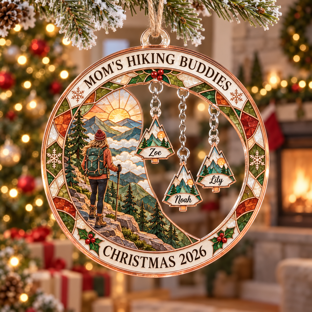 Stained-glass acrylic Christmas ornament with "MOM'S HIKING BUDDIES" and personalised name charms