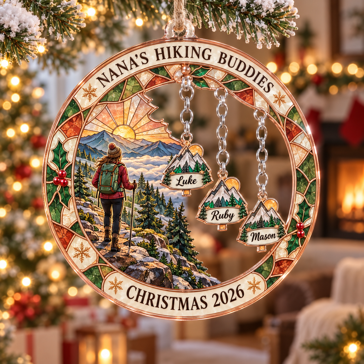 Stained-glass acrylic Christmas ornament with "NANA'S HIKING BUDDIES" and personalised name charms
