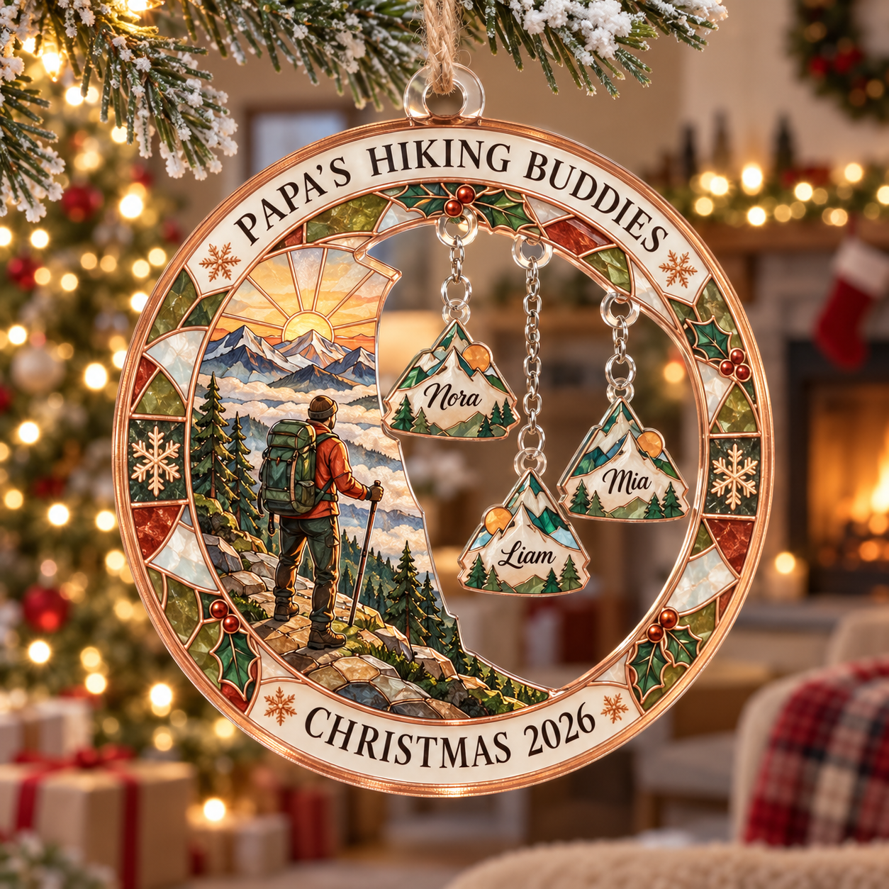 Stained-glass acrylic Christmas ornament with "PAPA'S HIKING BUDDIES" and personalised name charms