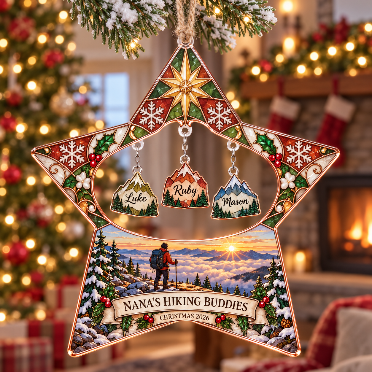 Stained-glass acrylic Christmas ornament with "NANA'S HIKING BUDDIES" and personalised name charms