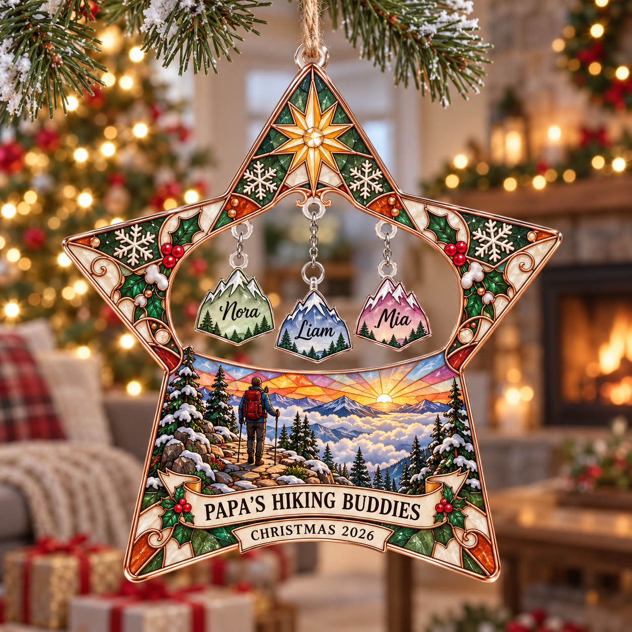 Stained-glass acrylic Christmas ornament with "PAPA'S HIKING BUDDIES" and personalised name charms