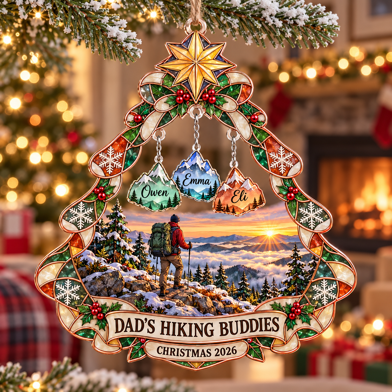 Stained-glass acrylic Christmas ornament with "DAD'S HIKING BUDDIES" and personalised name charms