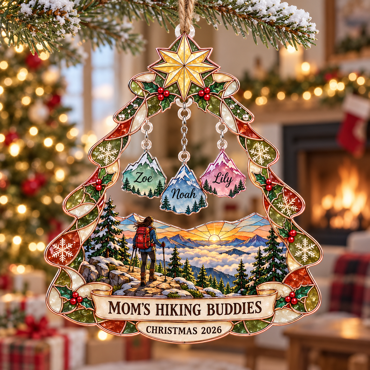 Stained-glass acrylic Christmas ornament with "MOM'S HIKING BUDDIES" and personalised name charms