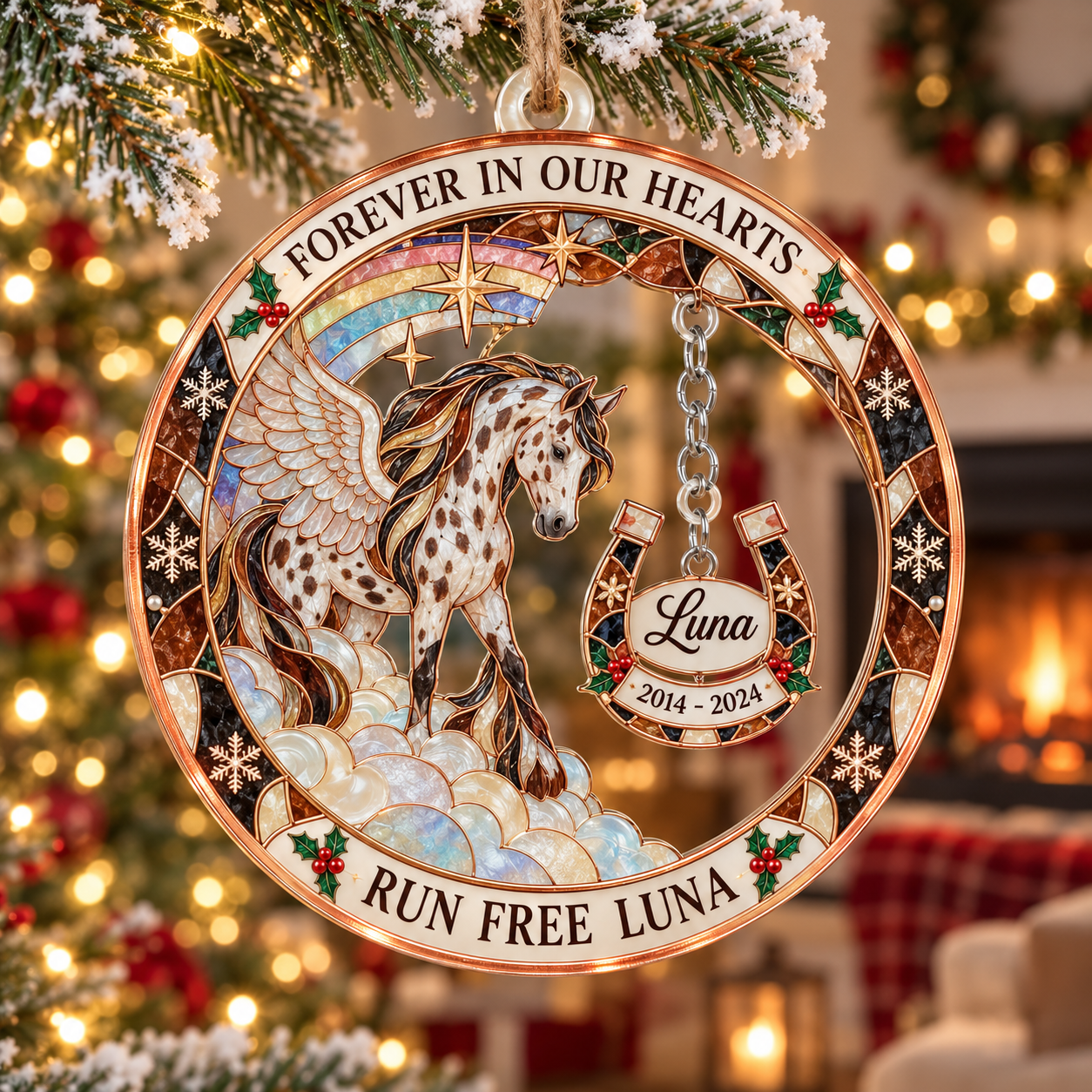 Stained-glass acrylic Christmas ornament with "RUN FREE LUNA" and personalised name charms