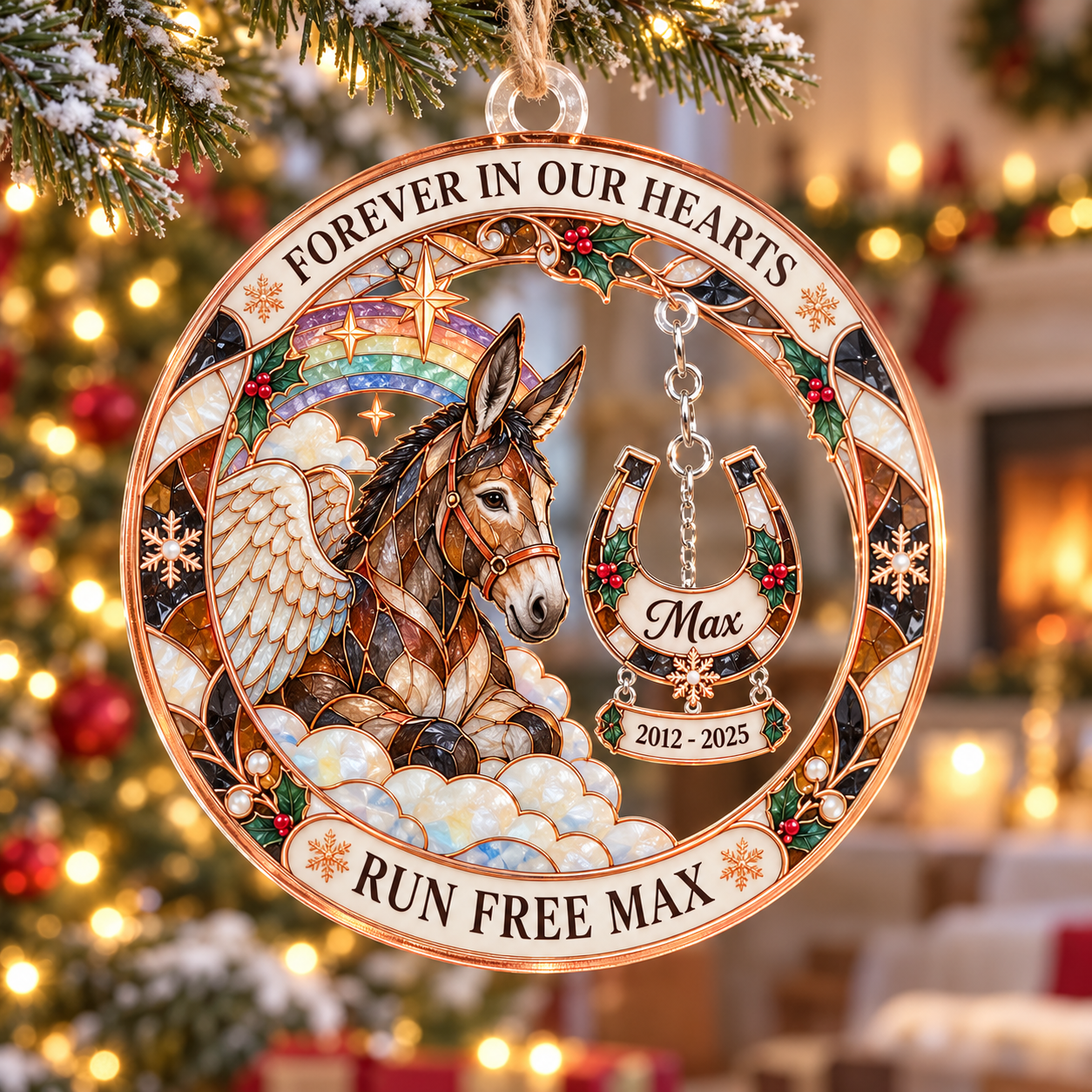 Stained-glass acrylic Christmas ornament with "RUN FREE MAX" and personalised name charms