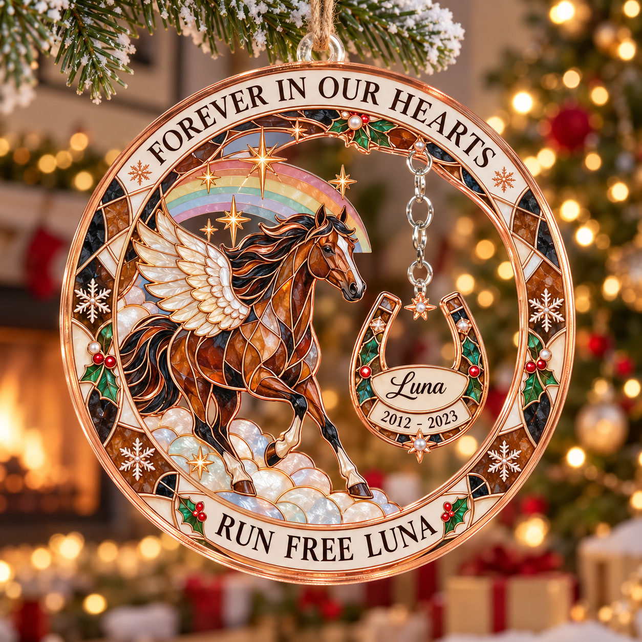 Stained-glass acrylic Christmas ornament with "RUN FREE LUNA" and personalised name charms