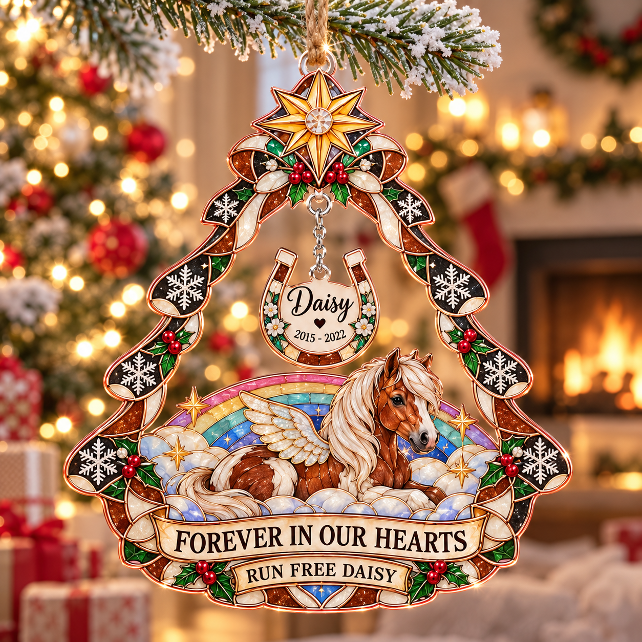Stained-glass acrylic Christmas ornament with "RUN FREE DAISY" and personalised name charms