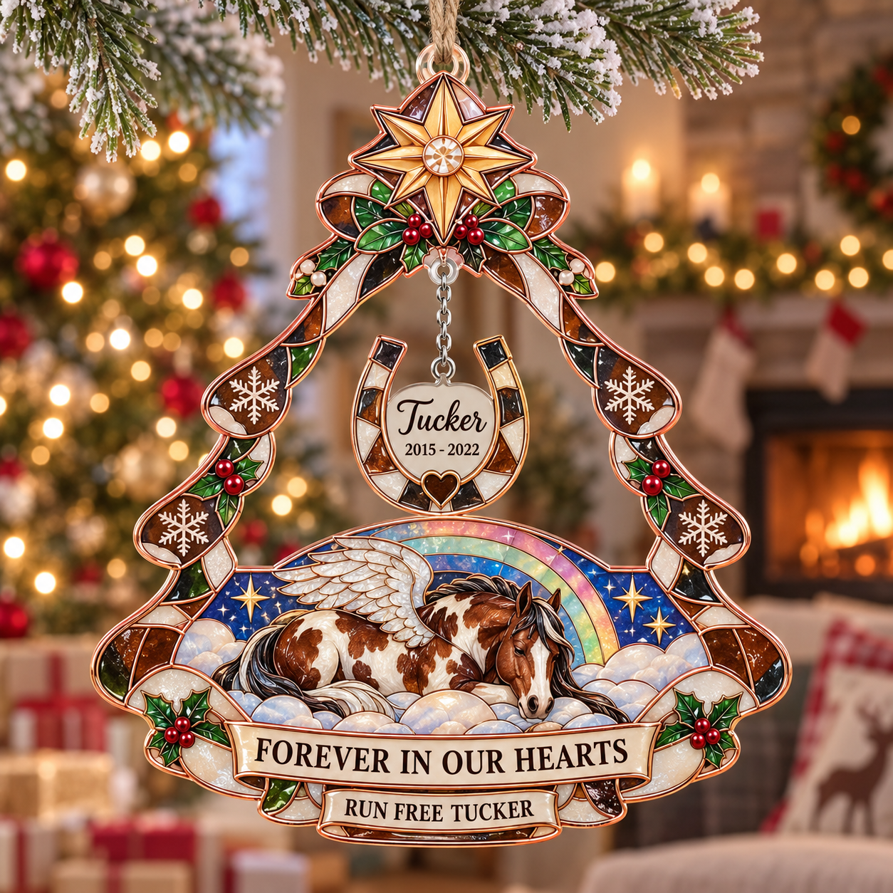 Stained-glass acrylic Christmas ornament with "RUN FREE TUCKER" and personalised name charms
