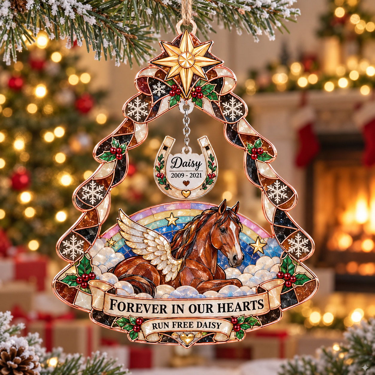 Stained-glass acrylic Christmas ornament with "RUN FREE DAISY" and personalised name charms