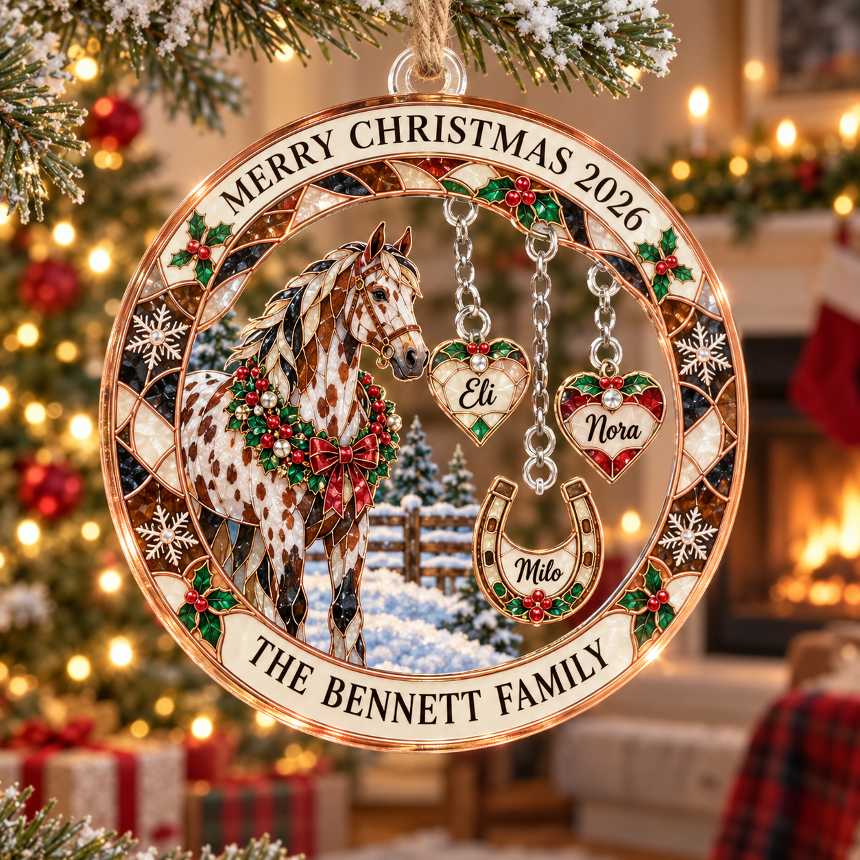 Stained-glass acrylic Christmas ornament with "THE BENNETT FAMILY" and personalised name charms