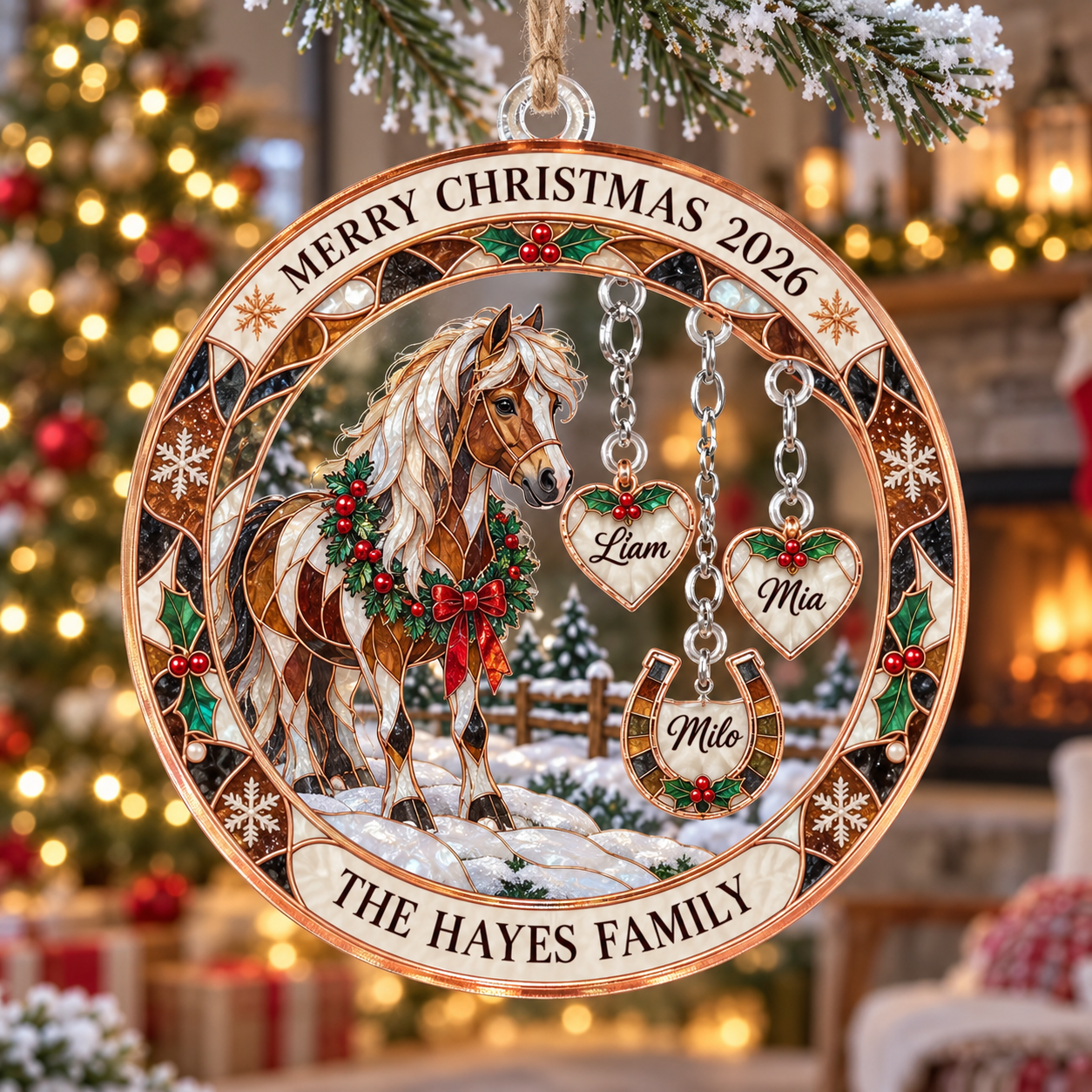 Stained-glass acrylic Christmas ornament with "THE HAYES FAMILY" and personalised name charms