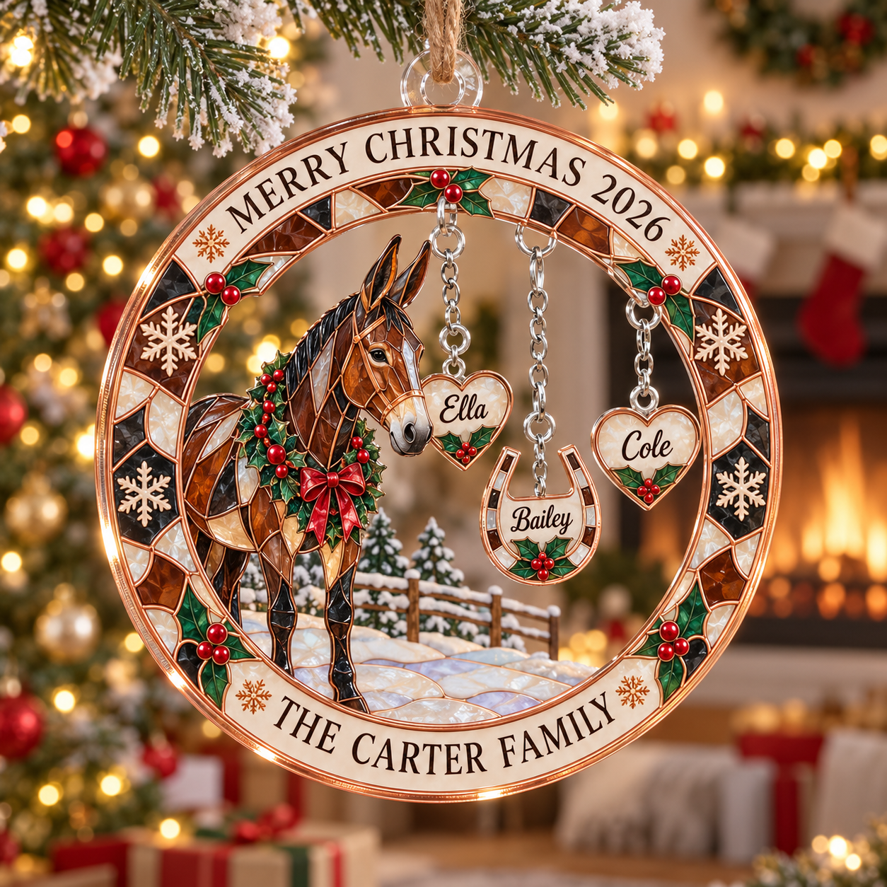 Stained-glass acrylic Christmas ornament with "THE CARTER FAMILY" and personalised name charms