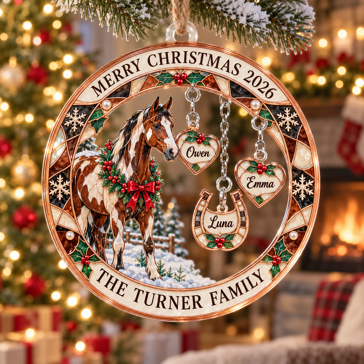 Stained-glass acrylic Christmas ornament with "THE TURNER FAMILY" and personalised name charms