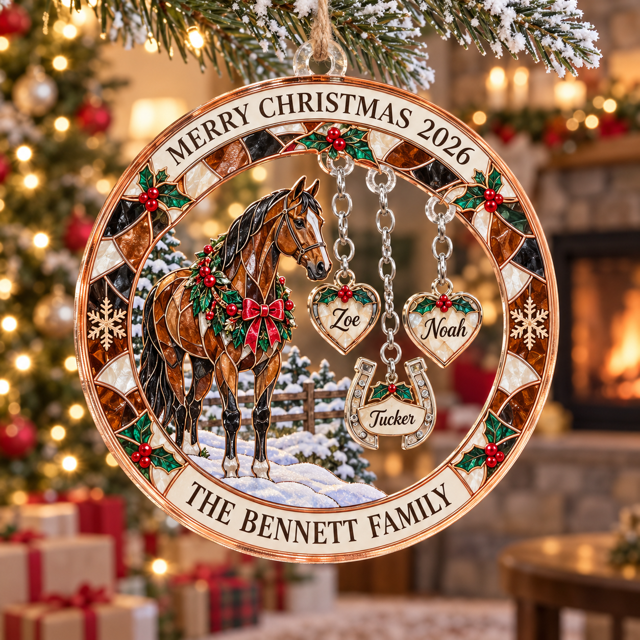 Stained-glass acrylic Christmas ornament with "THE BENNETT FAMILY" and personalised name charms