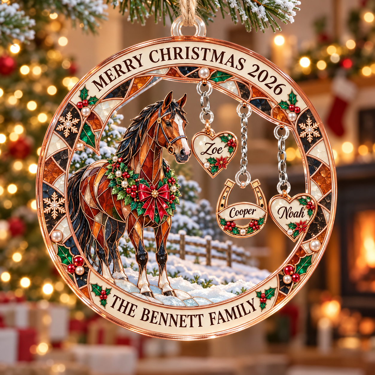 Stained-glass acrylic Christmas ornament with "THE BENNETT FAMILY" and personalised name charms