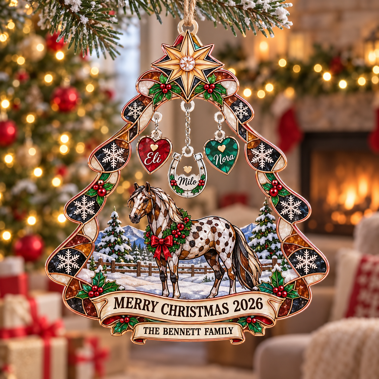 Stained-glass acrylic Christmas ornament with "THE BENNETT FAMILY" and personalised name charms