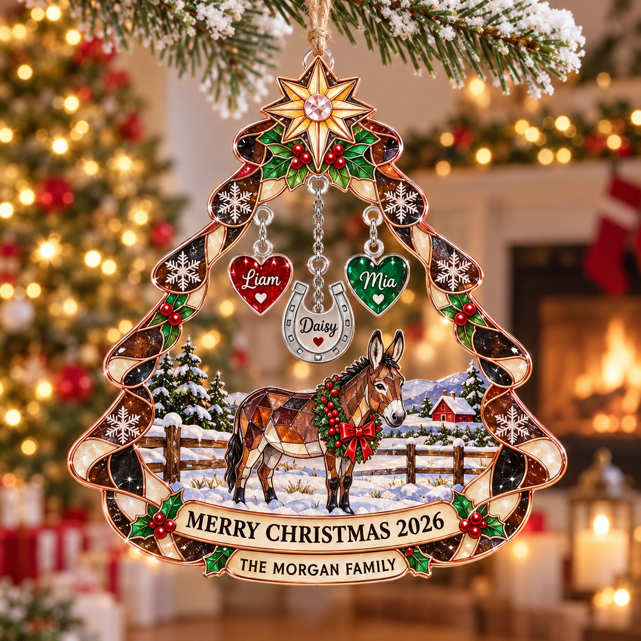Stained-glass acrylic Christmas ornament with "THE MORGAN FAMILY" and personalised name charms