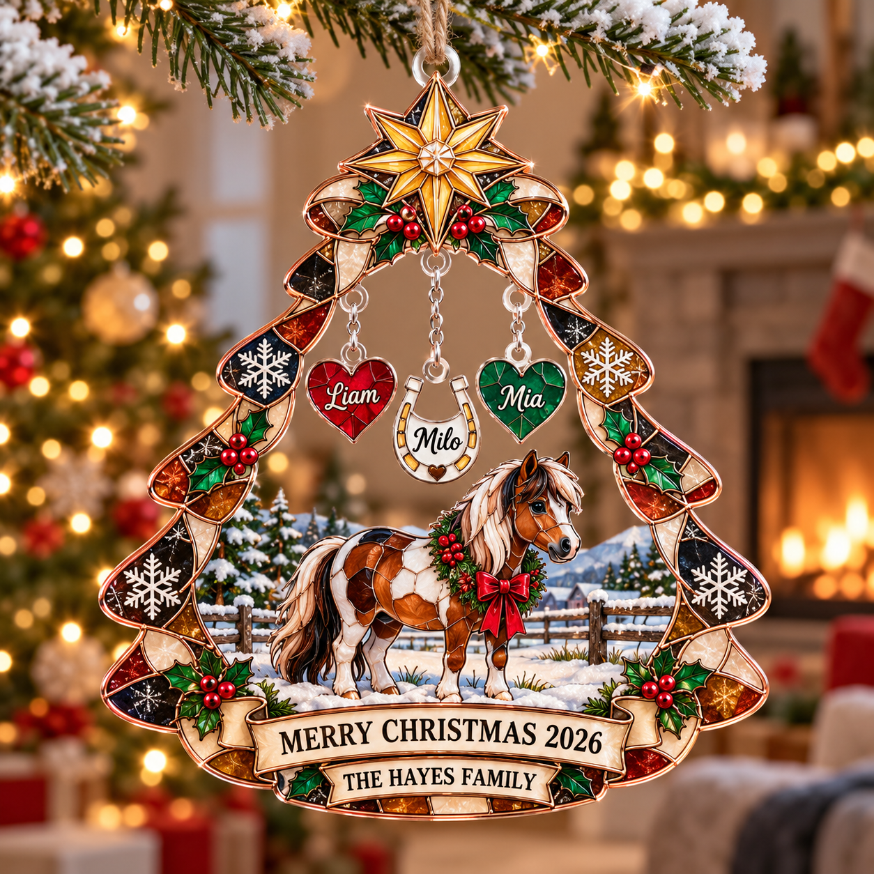 Stained-glass acrylic Christmas ornament with "THE HAYES FAMILY" and personalised name charms