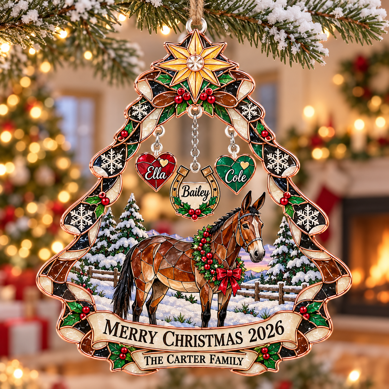 Stained-glass acrylic Christmas ornament with "THE CARTER FAMILY" and personalised name charms